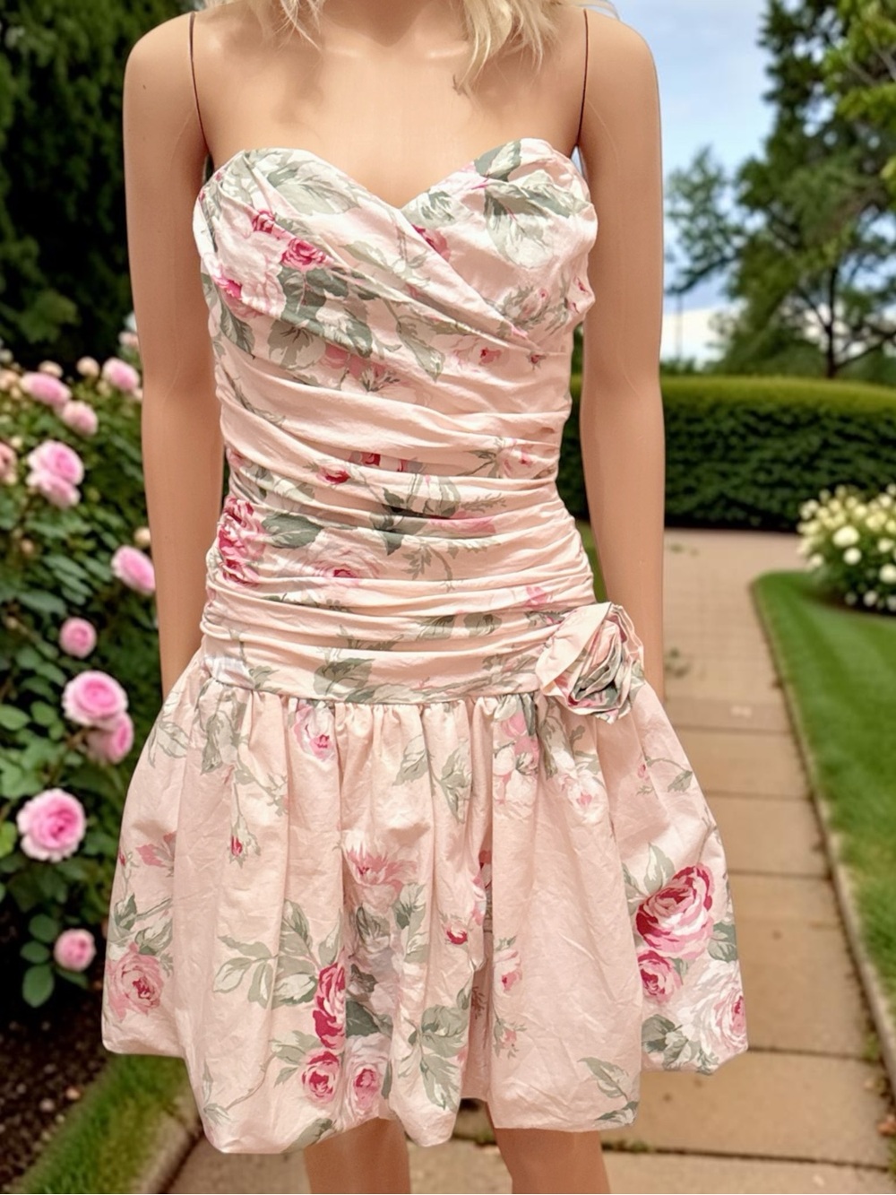 Vintage 80s Floral Pink Ruched Sweetheart Bubble Skirt Mini Dress